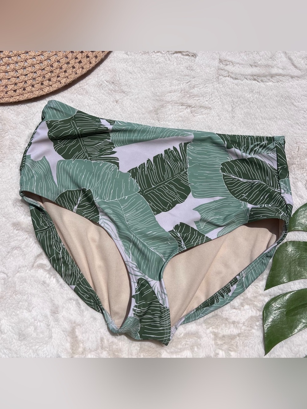 Albion Swim Mid Rise Bikini Bottoms M Green Tropical Palm Leaf Full Coverage